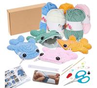 FREEBLOSS 4 Set Beginners Crochet Kit - Whale Pouch Zippered for Storage, Complete Animal Yarn Set, Knitting Kits for Headphone Bag, Key Bag DIY Craft Art Gift