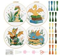 FREEBLOSS 4 Set Book Embroidery Kit with Stamped Cartoon Dragon and Book Pattern Embroidery Kit for Beginners Instructions Included Embroidery Starter Kit for Adults 30cm