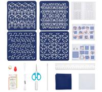 FREEBLOSS 4 Set DIY Sashiko Coaster Kit Water Soluble Embroidery Patterns Full Embroidery Kit Includes Sashiko Thread, Needles and Fabric Coaster Making Kit for Embroidery Lovers