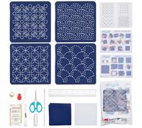 FREEBLOSS 4 Set DIY Sashiko Coaster Kit Water Soluble Embroidery Patterns Thimble Sewing Set Full Embroidery Kit Includes Sashiko Thread, Needles and Fabric Coaster Making Kit for Embroidery Lovers