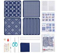 FREEBLOSS 4 Set DIY Sashiko Coaster Kit Water Soluble Embroidery Patterns Thimble Sewing Set Full Embroidery Kit for Beginners with Instructions Sashiko Thread, Needles and Fabric for Coaster Making