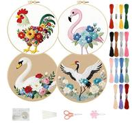 FREEBLOSS 4 Set Embroidery Kit Animals Pattern Stamped Embroidery Starter Kit with Step by Step Instructions, Colored Threads, 2 Hoops, Needlepoint Kits for Hand Craft Lovers Gift, 30cm/11.8inch