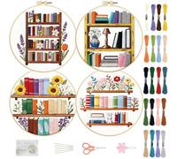 FREEBLOSS 4 Set Embroidery Kit Bookshelf Pattern Stamped Embroidery Starter Kit with Step by Step Instructions, Colored Threads, 2 Hoops, Needlepoint Kits for Hand Craft Lovers Gift, 30cm/11.8inch