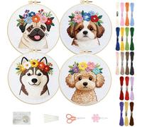 FREEBLOSS 4 Set Embroidery Kit Dog and Flower Stamped Embroidery Starter Kit with Step by Step Instructions, Colored Threads, 2 Hoops, Needlepoint Kits for Hand Craft Lovers Gift, 30cm/11.8inch