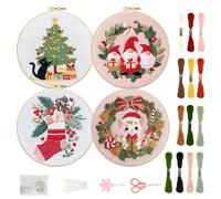 FREEBLOSS 4 Set Embroidery Kit for Beginners Stamped Embroidery Starter Kit with Cat Wreath Patterns, Instructions, Enough Threads, 2 Hoops, 20cm/7.9inch