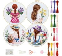 FREEBLOSS 4 Set Embroidery Kit Girl Pattern Stamped Embroidery Starter Kit with Step by Step Instructions, Colored Threads, 2 Hoops, Needlepoint Kits for Hand Craft Lovers Gift, 30cm/11.8inch