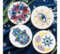 FREEBLOSS 4 Set Embroidery Kit Hamsa Pattern Stamped Embroidery Starter Kit with Step By Step Instructions, Colored Threads, 2 Hoops, Needlepoint Kits for Hand Craft Lovers Gift, 30cm/11.8inch