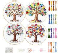FREEBLOSS 4 Set Embroidery Kit Tree of Life Stamped Embroidery Starter Kit with Step by Step Instructions, Colored Threads, 2 Hoops, Needlepoint Kits for Hand Craft Lovers Gift, 30cm/11.8inch