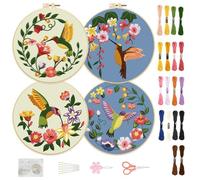 FREEBLOSS 4 Set Hummingbird and Flowers Embroidery Starter Kit for Adults, Includes 4 Embroidery Fabric, Cross Stitch Kit with Pattern and Instructions, Not Foldable