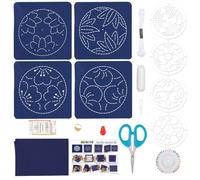 FREEBLOSS 4 Set Sashiko Coaster Kit Sashiko Embroidery Kit Cherry Pattern Coasters with 4 Different Template Hand Sewing Kit DIY Coaster Sashiko Kit for Beginners Adults