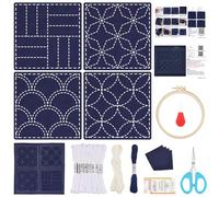 FREEBLOSS 4 Set Sashiko Coasters DIY Kit Blue Ocean Waves Pre- Printed Sashiko Kit for Beginners Sashiko Practice Project Traditional Embroidery Kit Sashiko Printed Cloth Coaster for Housewarming