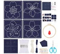 FREEBLOSS 4 Set Sashiko Coasters DIY Kit Cherry Blossom Pre- Printed Sashiko Kit for Beginners Sashiko Practice Project Flower Embroidery Kit Sashiko Printed Cloth Coaster for Housewarming