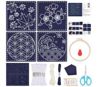 FREEBLOSS 4 Set Sashiko Coasters DIY Kit Leaf Sashiko Kit for Beginners Sashiko Practice Project Maple Embroidery Kit Cherry Blossoms and Waves Sashiko Pattern Sashiko Coaster for Housewarming