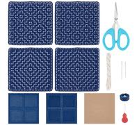 FREEBLOSS 4 Set Sashiko Coasters DIY Kit with Instructions Pre-Printed Fabric Sashiko Kit Embroidery Practice Project Japannese Traditional Embroidery with Cloth/Needles/Thimbles/Threads/Tools