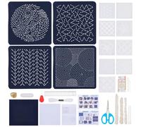 FREEBLOSS 4 Set Sashiko Coasters Kit with 12pcs PET Stencils Full Embroidery Set Includes Thread 16 Needles Water Soluble Templetes and Fabric, Sashiko Kit for Adults Beginners with Instruction