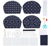 FREEBLOSS 4 Set Sashiko Coin Purse Kit with Geometic Pattern PET Stencil Purse Embroidery Kit for Beginners Handmade Wallet Gift Ideas Navy Blue & White Cloth