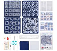 FREEBLOSS 4 Set Sashiko Kit DIY Coasters Kit Water Soluble Embroidery Patterns Full Embroidery Kit Includes Sashiko Thread, Needles and Fabric Coaster Making Kit for Adults Embroidery Lovers