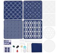 FREEBLOSS 4 Set Sashiko Tea Mat Kit DIY Sashiko Kit with Template Sashiko Stencils Kit Geometric Sashiko Pattern Template Drawing Line Sashiko Kit for Beginner Sashiko Kit for Embroidery Lovers