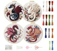 FREEBLOSS 4 Sets 11.6" Embroidery Kit for Beginners Needlepoint Embroidery Starter Kit with Dragon Stamped Patterns, Instructions, Colored Threads, 2 Hoops