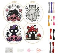 FREEBLOSS 4 Sets 11.6" Embroidery Kit for Beginners Needlepoint Embroidery Starter Kit with Halloween Stamped Patterns, Instructions, Colored Threads, 2 Hoops
