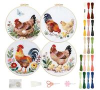 FREEBLOSS 4 Sets Embroidery Kit for Beginners Needlepoint Embroidery Starter Kit with Chicken Theme Stamped Patterns, Instructions, Colored Threads, 2 Hoops 11.6"/29.5cm