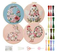 FREEBLOSS 4 Sets Embroidery Kit for Beginners Needlepoint Embroidery Starter Kit with Easter Floral Stamped Patterns, Instructions, Colored Threads, 2 Hoops 11.6"/29.5cm