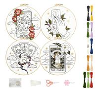 FREEBLOSS 4 Sets Embroidery Kit for Beginners Needlepoint Embroidery Starter Kit with Tarot Cards Stamped Pattern, Instructions, Colored Threads, 2 Hoops 7.9"/20cm