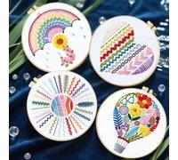 FREEBLOSS 4 Sets Embroidery Kit for Beginners Stitch Practice Needlepoint Embroidery Starter Kit with Rainbow Color Stamped Patterns, Instructions, Colored Threads, 2 Hoops 20cm/7.9inch