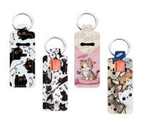 FREEBLOSS 4pcs Lipbalm Holder Key Chain Lipstick Keychain Cats Pattern Lip Balm Organizer Holder Sleeve Pouch Potable Lipstick Storage Case for Travel Women 1.5x3.8