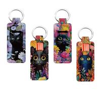 FREEBLOSS 4pcs Lipbalm Holder Key Chain Lipstick Keychain Flower and Cat Pattern Lip Balm Organizer Holder Sleeve Pouch Potable Lipstick Storage Case for Travel Women 1.5x3.8