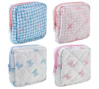 FREEBLOSS 4pcs Quilted Makeup Bag 4.9x4.9 Small Makeup Bag with Zipper Bow Cosmetic Bags Travel Toiletry Skincare Pouch for Women, 4 Styles