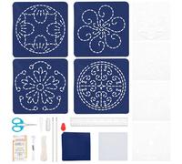 FREEBLOSS 4set 12 * 12cm Sashiko Coaster Kit DIY Sashiko Kit with Template Sashiko Stencils Kit Cherry Blossoms Sashiko Pattern Template Sashiko Kit for Beginner