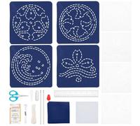 FREEBLOSS 4set 12 * 12cm Sashiko Coaster Kit DIY Sashiko Kit with Template Sashiko Stencils Kit Cherry Blossoms Sashiko Pattern Template Sashiko Kit for Beginner DIY Sashiko Kit for Adults