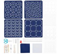 FREEBLOSS 4set 12 * 12cm Sashiko Coaster Kit DIY Sashiko Kit with Template Sashiko Stencils Kit Geometric Sashiko Pattern Template Sashiko Kit for Beginner
