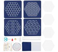 FREEBLOSS 4Set Sashiko Stencil Kit Hexagonal Sashiko Template Sashiko Kit Sashiko PET Stencil Coaster Kit Geometric Sashiko Pattern Template Hand Quilting and Embroidery