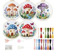 FREEBLOSS 5 Set Embroidery Kit Mushroom Pattern Stamped Embroidery Starter Kit with Step by Step Instructions, Colored Threads, 2 Hoops, Needlepoint Kits for Hand Craft Lovers Gift, 30cm/11.8inch
