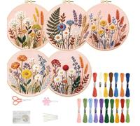 FREEBLOSS 5 Sets Embroidery Kit for Beginners Needlepoint Embroidery Starter Kit with Bohemian Flowerbeds Stamped Patterns, Instructions, Colored Threads, 2 Hoops 11.6"/29.5cm