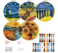 FREEBLOSS 5 Sets Embroidery Kit for Beginners Needlepoint Embroidery Starter Kit with Oil Painting Style Stamped Patterns, Instructions, Colored Threads, 2 Hoops 11.6"/29.5cm