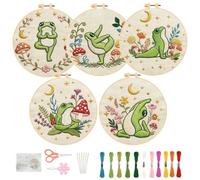 FREEBLOSS 5 Sets Embroidery Kit for Beginners Needlepoint Embroidery Starter Kit with Yoga Frog Stamped Pattern, Instructions, Colored Threads, 2 Hoops 7.9"/20cm