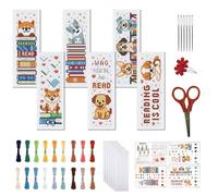 FREEBLOSS 6 Set 11CT Cross Stitch Bookmarks Kit Puppy&Books Stamped Cross Stitch Kit DIY Embroidery Bookmark Set with Instruction for Adults Beginners Gift for Reading Enthusiasts 20x6cm/8x2.4inch