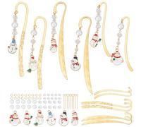 FREEBLOSS 6 Set Christmas Metal Hook Bookmarks Kit Snowman Gold Metal Bookmark Handmade Gift Pearls&Beads Bookmarkers for Craft Gold Bookmarks for Women Gift