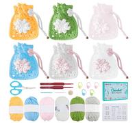 FREEBLOSS 6 Set Crochet Flower Drawstring Bag Kit Crochet Kit for Beginners Crochet Bags and Totes Floral Tote Bag Knit Bag Flower Purse Crochet Starter Kit for Adults