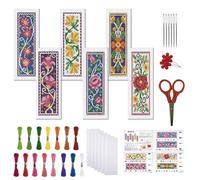 FREEBLOSS 6 Set Cross Stitch Bookmark Kit 11 CT Complete Stamped Cross Stitch Kit DIY Embroidery Bookmark Kits for Adult Beginners with Instructions, Vintage Floral Pattern, 6 x 20 cm/8" x 2.4"