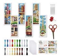 FREEBLOSS 6 Set Cross Stitch Bookmark Kit 11 CT Stamped Cross Stitch Kit DIY Embroidery Bookmark Kits for Adult Beginners with Instructions, Parisian Street Scenes, 6 x 20 cm/8" x 2.4"