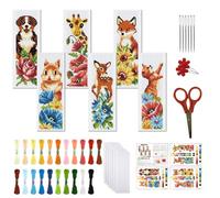 FREEBLOSS 6 Set Cross Stitch Bookmark Kit Stamped Cross Stitch Kit for Beginners Embroidery Set with Instruction for Adult Dog, Squirrel, Giraffe, Deer, Fox, Cat, Flowers 8"*2.4"