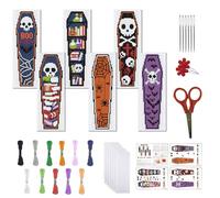 FREEBLOSS 6 Set Cross Stitch Bookmark Kits Coffin Bookshelf Pattern Stamped Cross Stitch Kit Halloween Theme Embroidery Kit with Instructions for Beginners 20x6cm/8x2.4inch