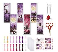 FREEBLOSS 6 Set Cross Stitch Bookmarks Kit Cat in Night Stamped Cross Stitch Kit DIY Embroidery Bookmark Set with Instruction for Adults Beginners Gift for Reading Enthusiasts 8 * 2.4inch 11CT