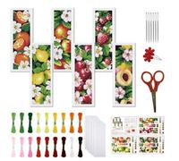 FREEBLOSS 6 Set Cross Stitch Bookmarks Kit Fruit&Flowers Stamped Cross Stitch Kit DIY Embroidery Bookmark Set with Instruction for Adults Beginners Gift for Reading Enthusiasts 8 * 2.4inch 11CT