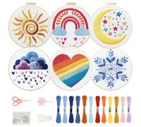 FREEBLOSS 6 Set Embroidery Kit Rainbow Stamped Embroidery Wall Hangings Cross Stitch Starter Set with Instruction for Beginners Including Enough Threads, 2 Hoops, 29.5cm/11.6inch
