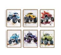 FREEBLOSS 6 Set Unframed Monster Truck Wall Art Prints 8"x10" Ink Painting Canvas Art Posters Funny Abstract Canvas Print Wall Art Paintings for Home Office Room Decor